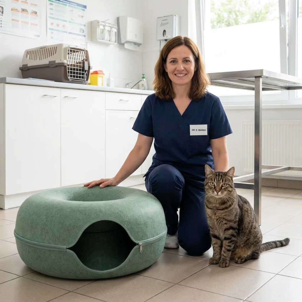 Feline veterinarian demonstrating a calm introduction to the PetRoot Peek & Play Cave.