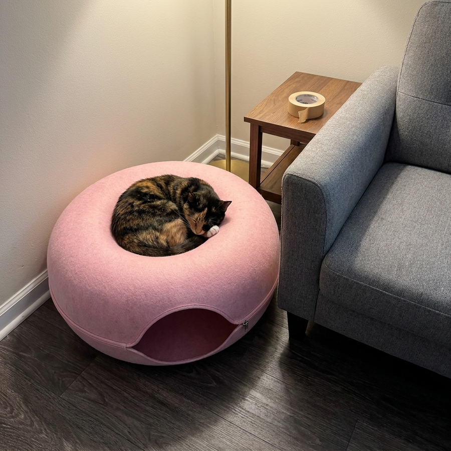 A tortoiseshell cat asleep on the PetRoot Peek & Play Cave near an undamaged armchair.