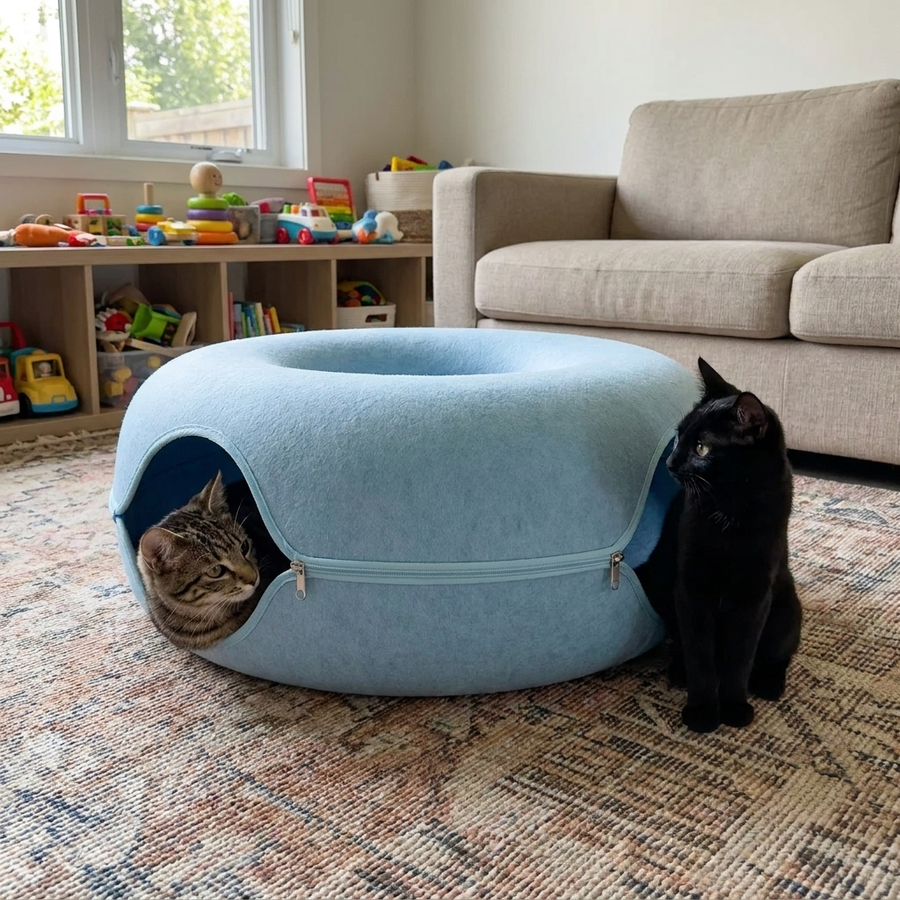 Two young cats ambushing each other through the openings of the PetRoot Cave.