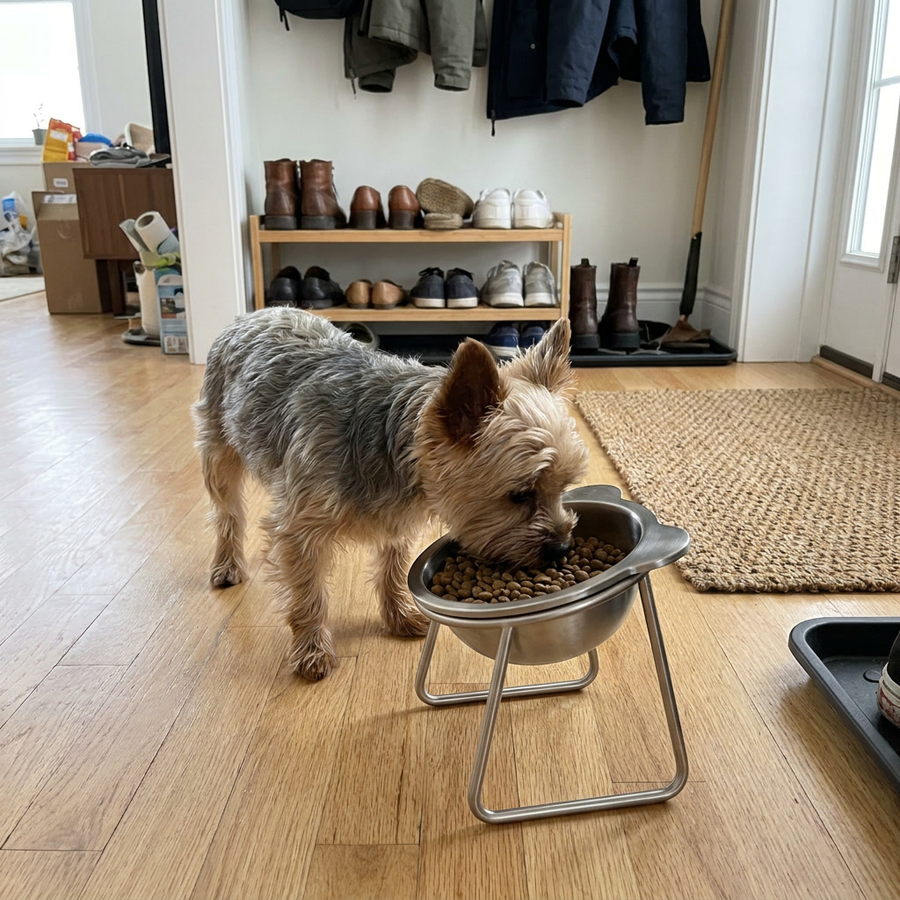 Small dog next to the PetRoot bowl near a feeding nook