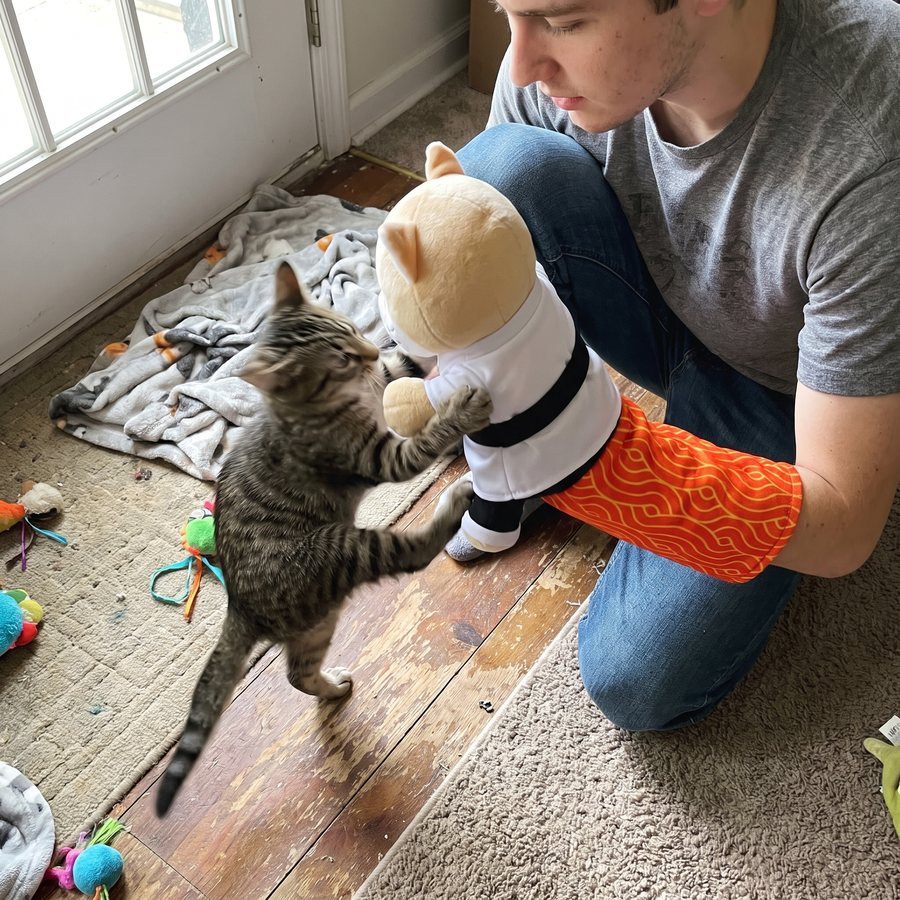 Energetic kitten grabbing and bunny-kicking Karate Kitty.