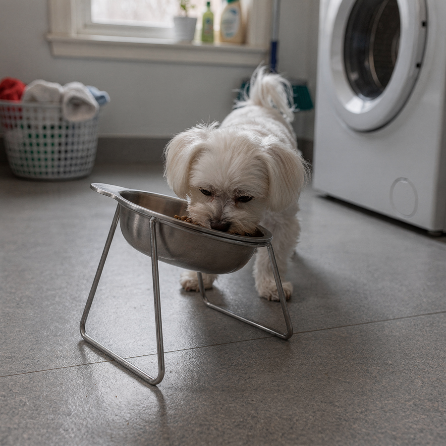 Small dog next to the PetRoot bowl in a dining area