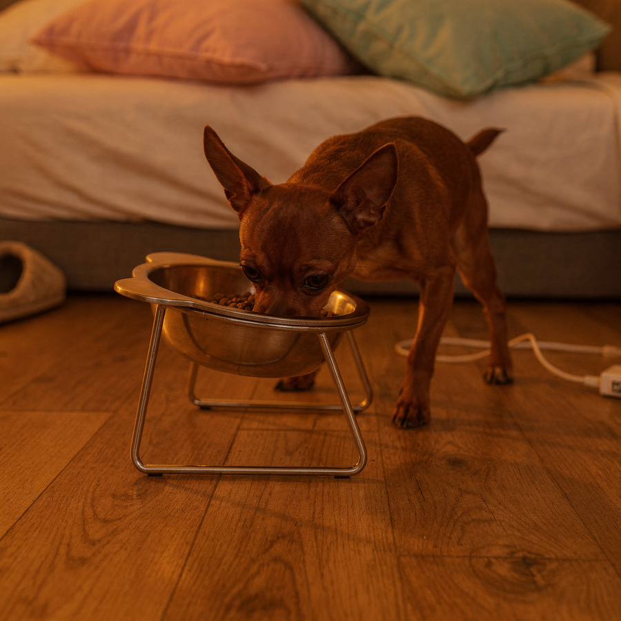 Small dog next to the PetRoot bowl in a bright apartment