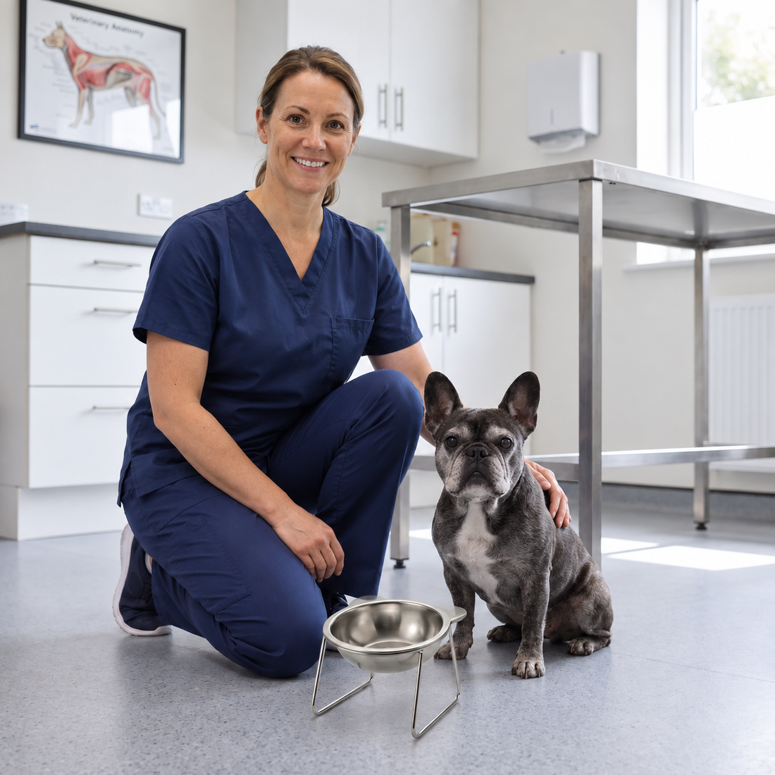 Veterinary advisor presenting the PetRoot™ Orthopedic Bowl to a Yorkshire terrier