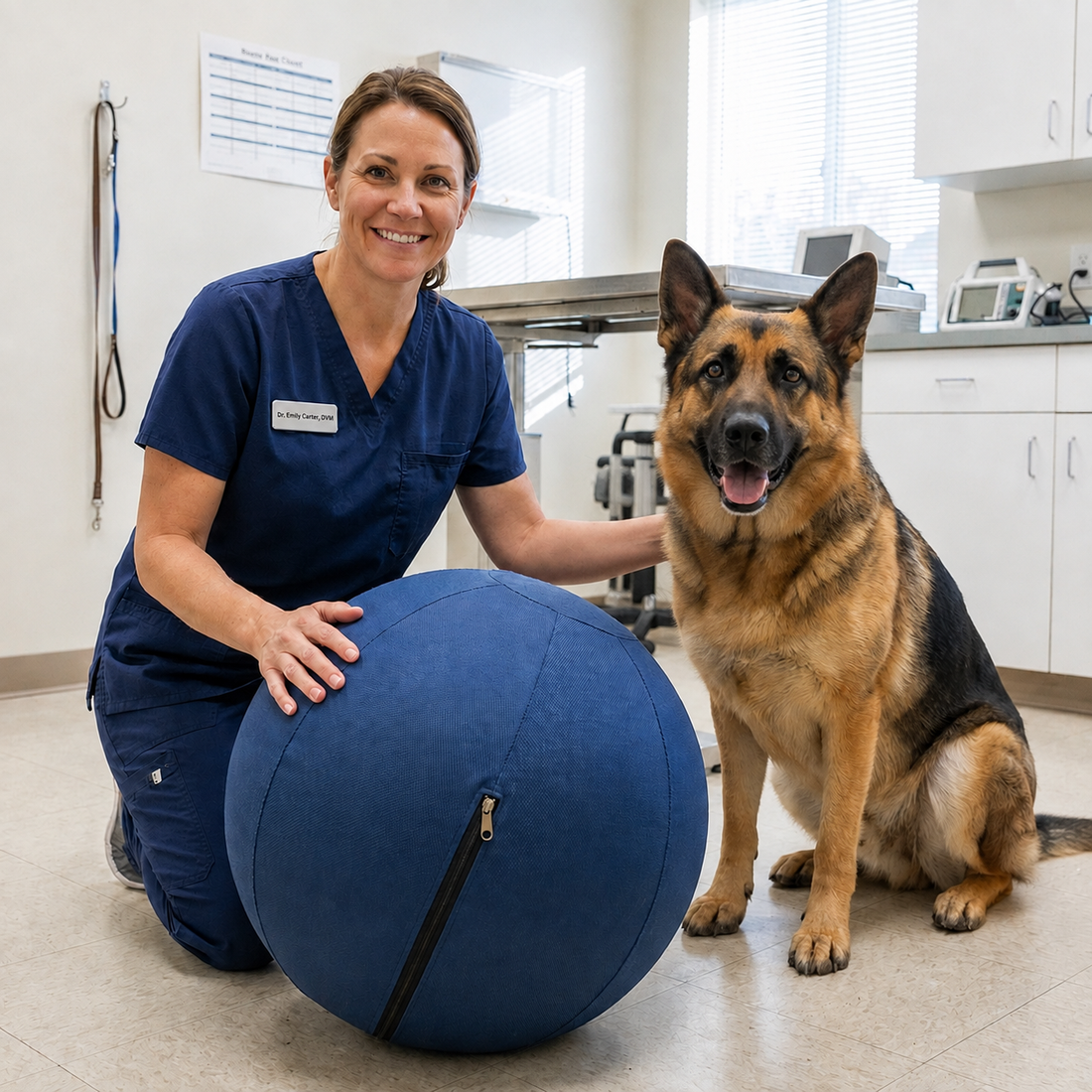 Demo veterinary advisor showing supervised introduction of the PetRoot Herding Ball with a German Shepherd.