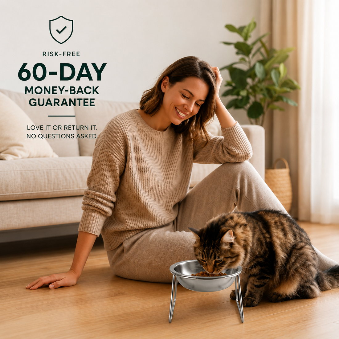 Happy owner watching her Maine Coon eat from the PetRoot bowl, with a 60-day money-back guarantee badge.