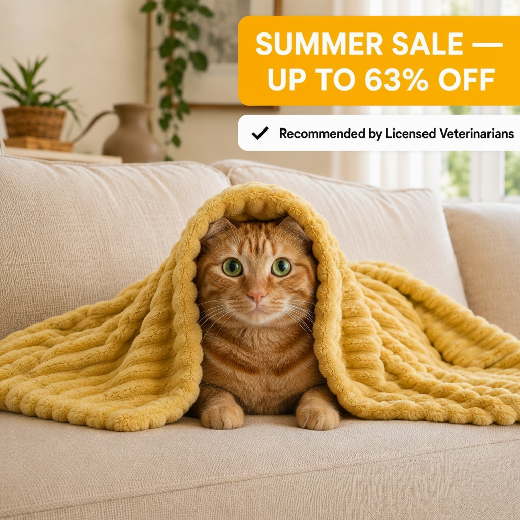 Cat under yellow blanket on couch - hero