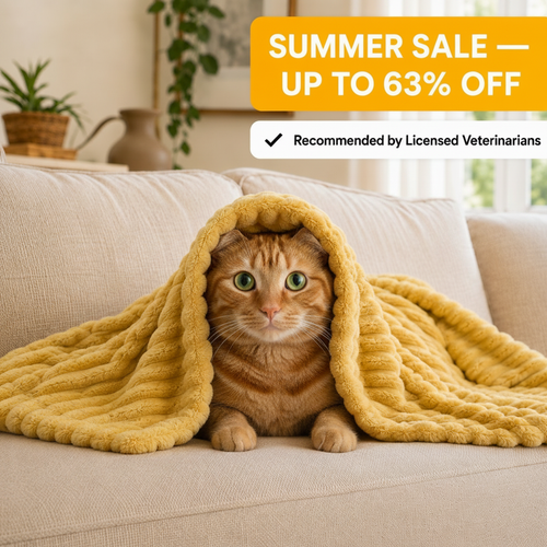 Cat under yellow blanket on couch - hero