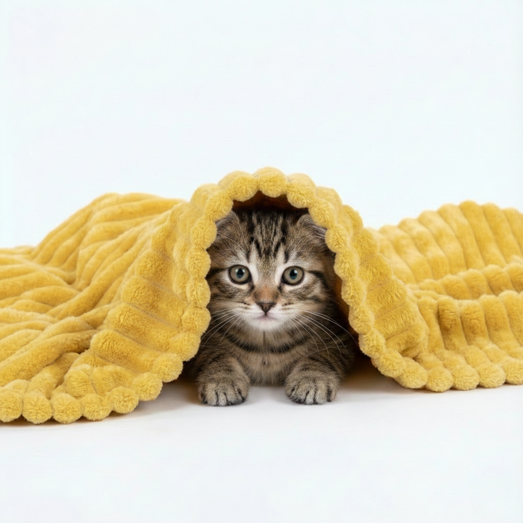 Kitten under yellow blanket