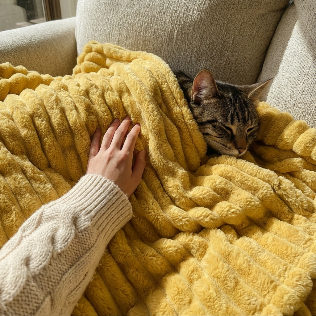 Hand resting on blanket with cat