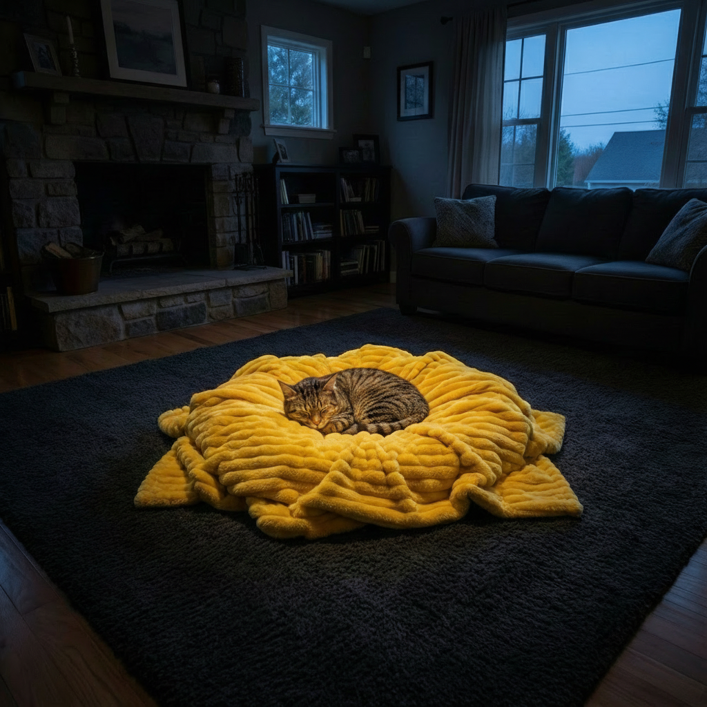 Cat asleep on blanket at night