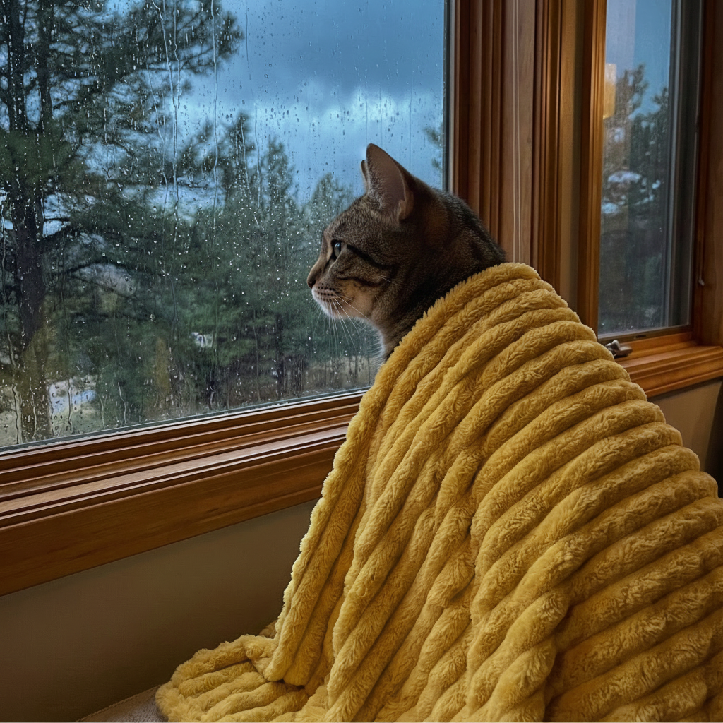Cat wrapped in blanket at rainy window