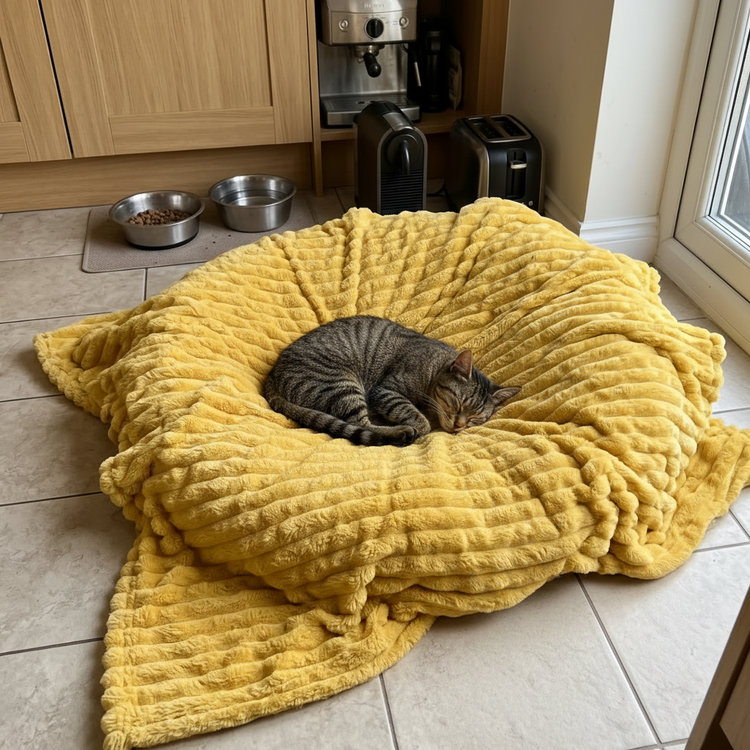 Cat curled up on yellow blanket in kitchen