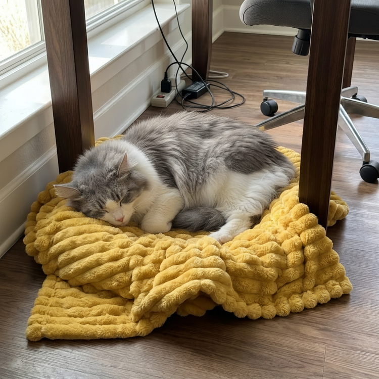 Cat sleeping on yellow blanket under desk