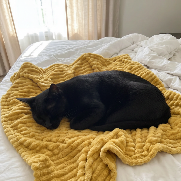 Black cat asleep on yellow blanket on bed