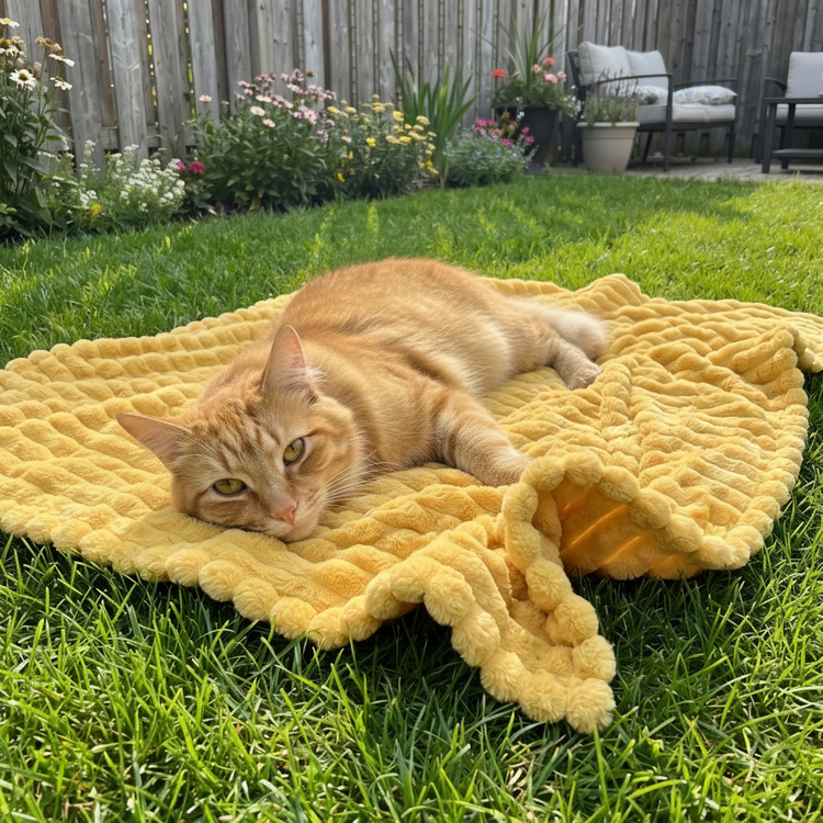 Ginger cat on yellow blanket in garden