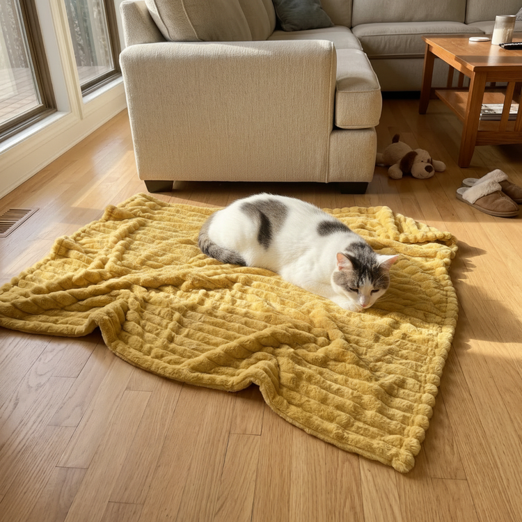 Cat resting on yellow blanket in living room
