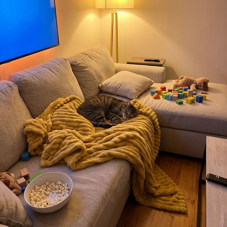 Cat asleep on yellow blanket on couch in the evening