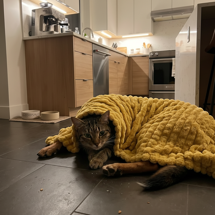 Cat nestled in yellow blanket in kitchen at night