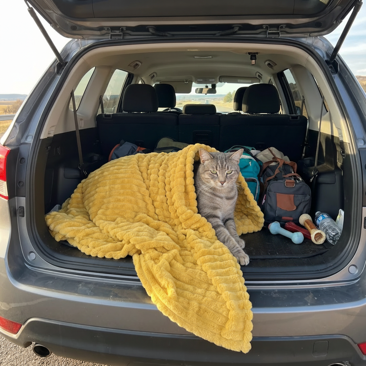 Cat on yellow blanket in car trunk