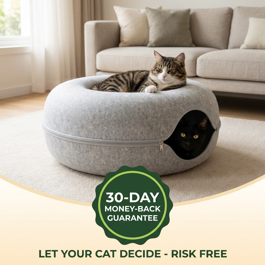 Two cats using the PetRoot Peek & Play Cave with a 30-day money-back guarantee.