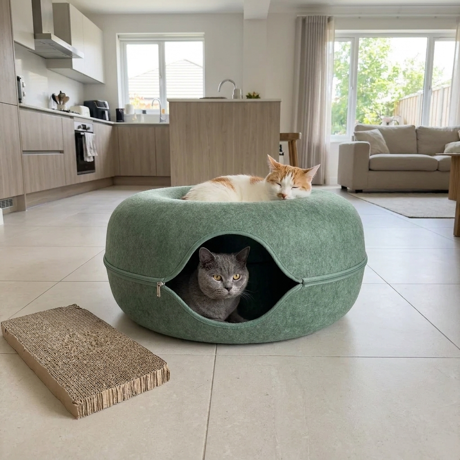 Two cats sharing one PetRoot Peek & Play Cave beside a clean floor.