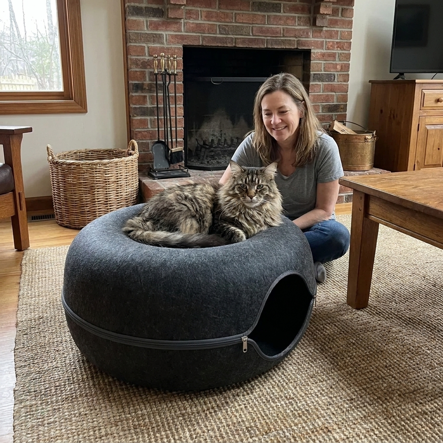 A Maine Coon lounging on the Jumbo PetRoot Peek & Play Cave.