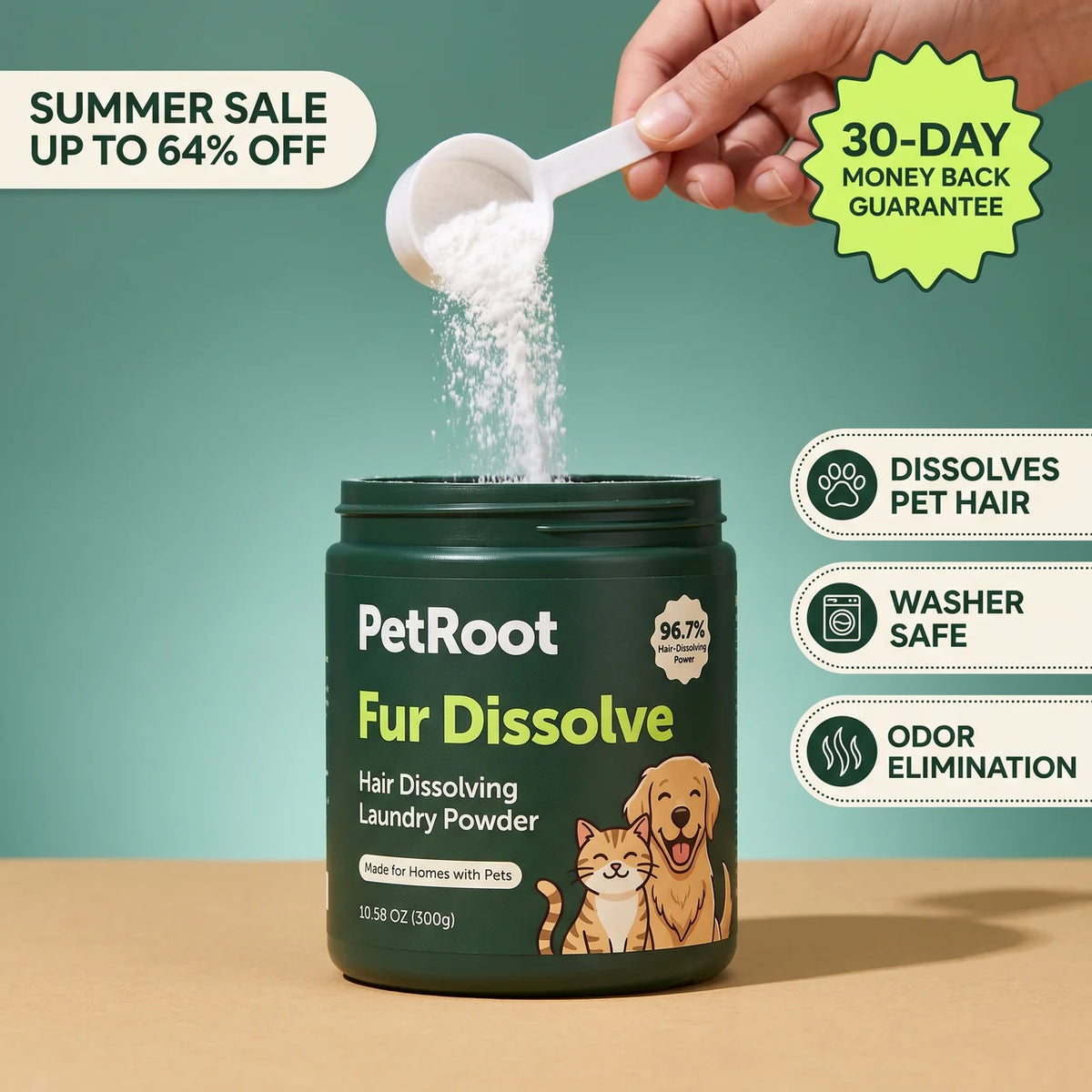 PetRoot Fur Dissolve hair dissolving laundry powder, 10.58 oz tub with 30-day money-back guarantee