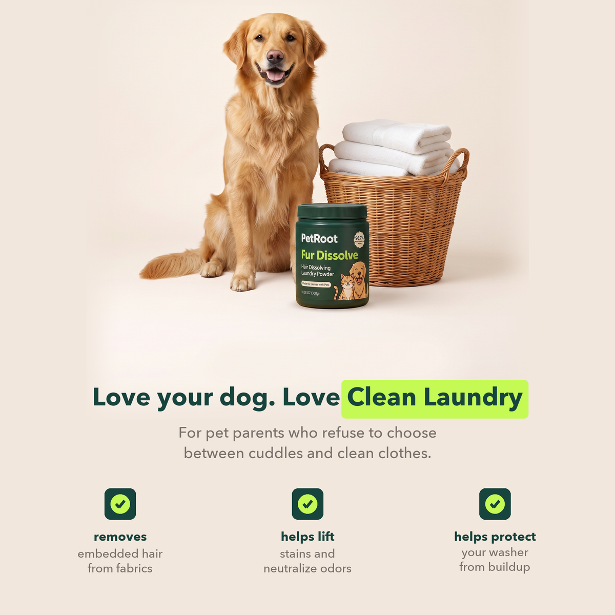Golden retriever beside a basket of clean white towels and the Fur Dissolve tub