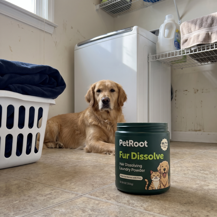 Golden retriever beside a laundry basket with a clean dark blanket