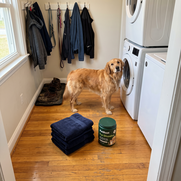 Golden retriever in a mudroom beside folded clean dark towels