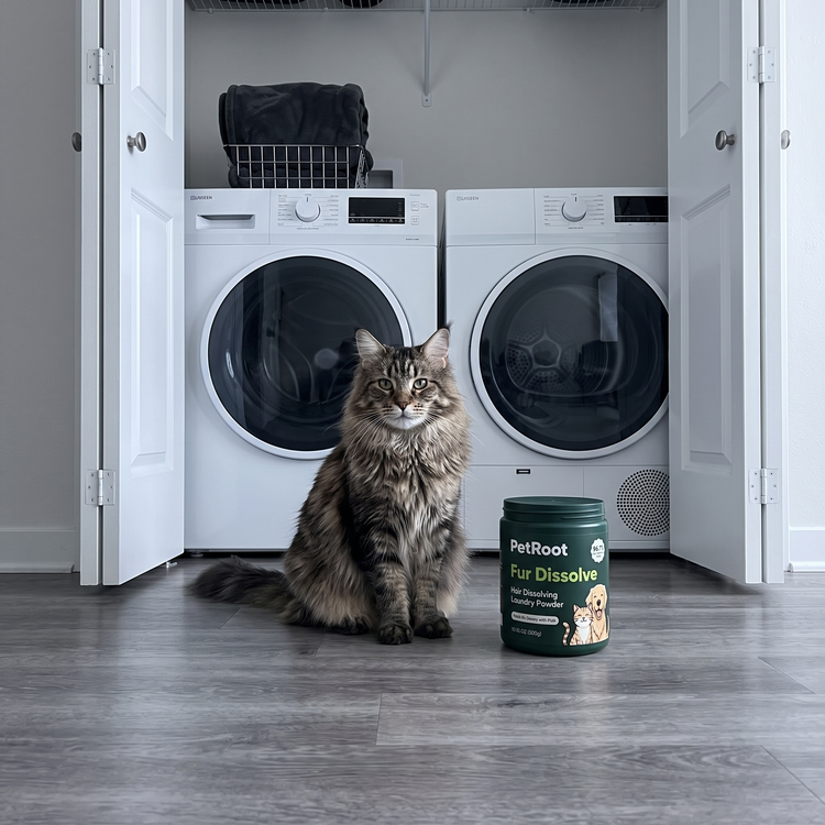 Long-haired Maine Coon cat in front of an apartment laundry closet