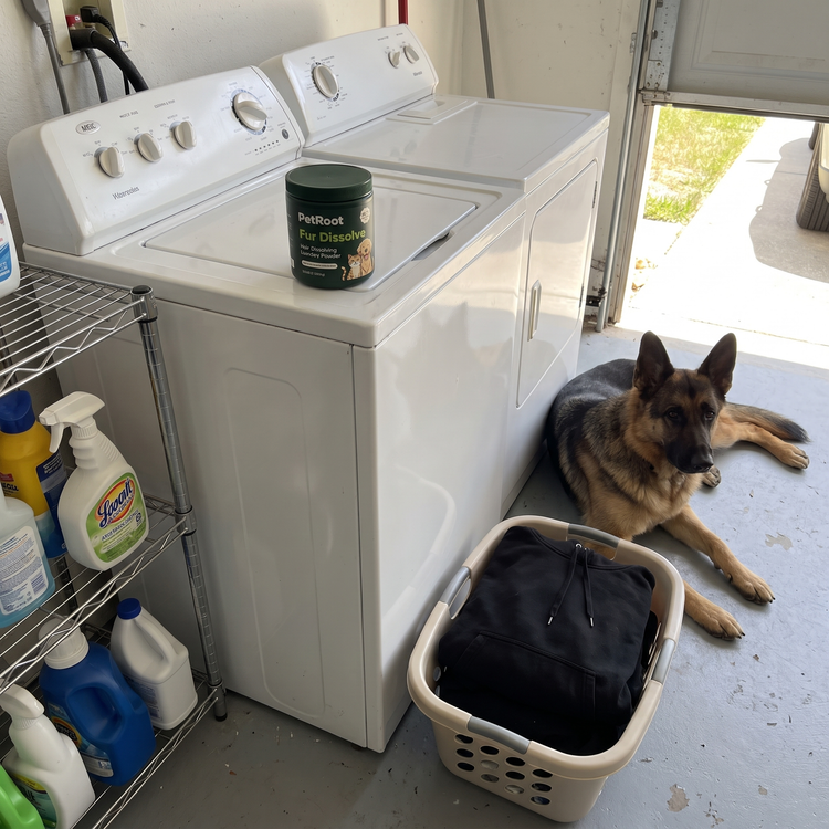 German shepherd lying beside a laundry basket in a garage laundry area