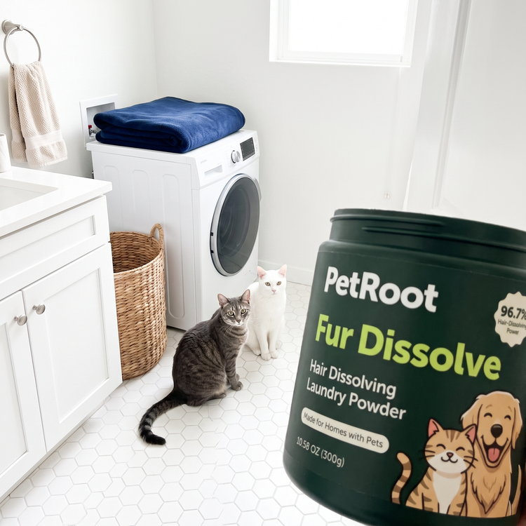 Two cats beside a compact washer in a bright tiled laundry room