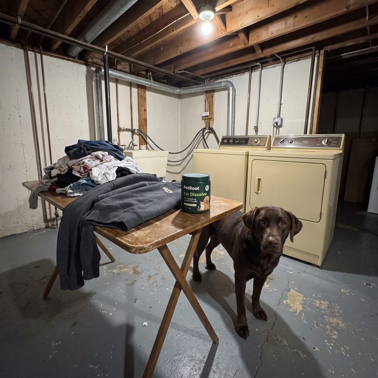 Chocolate Labrador beside a folding table in a basement laundry area