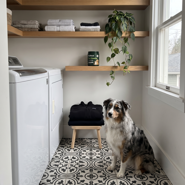 Australian shepherd in a craftsman-home laundry nook with patterned tile