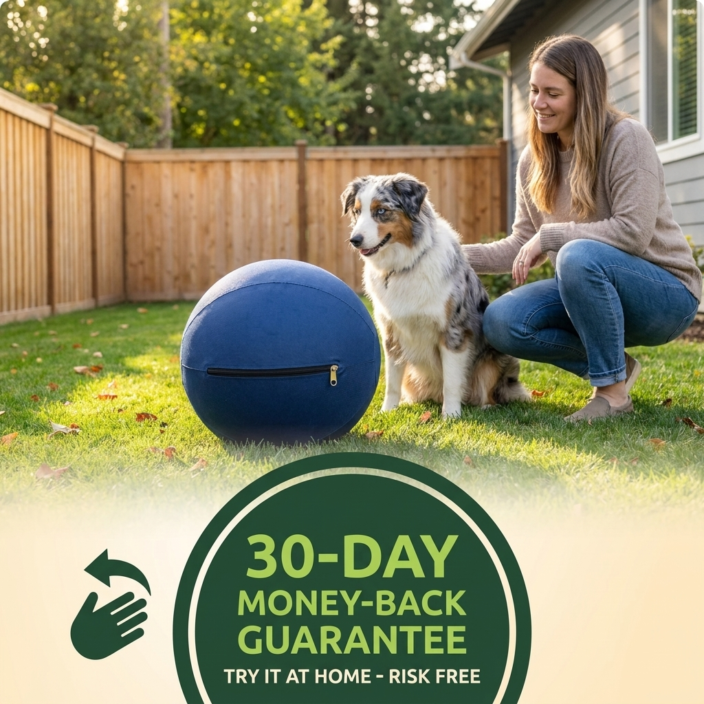 PetRoot Herding Ball with dog owner and 30-day money-back guarantee badge.