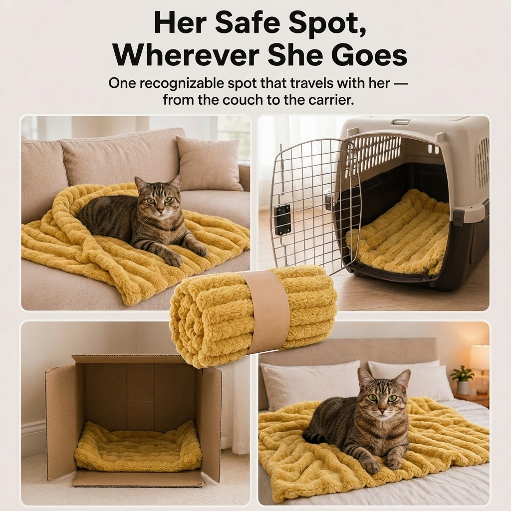Her safe spot wherever she goes - couch, carrier, box, bed