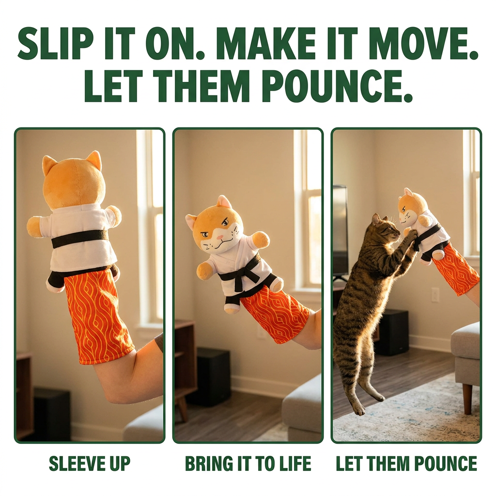 Close-up of the Karate Kitty puppet and protective play sleeve.