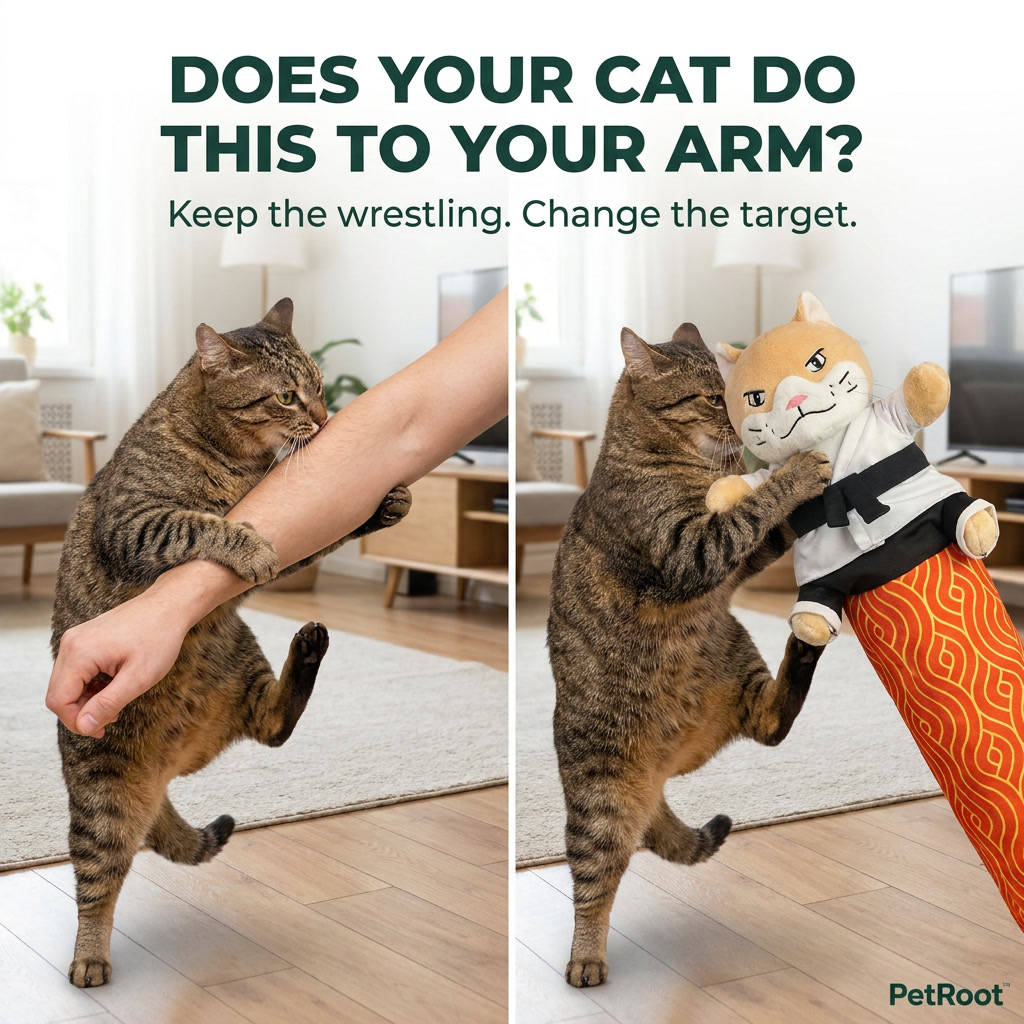 Comparison between bare-arm play and wrestling with Karate Kitty.