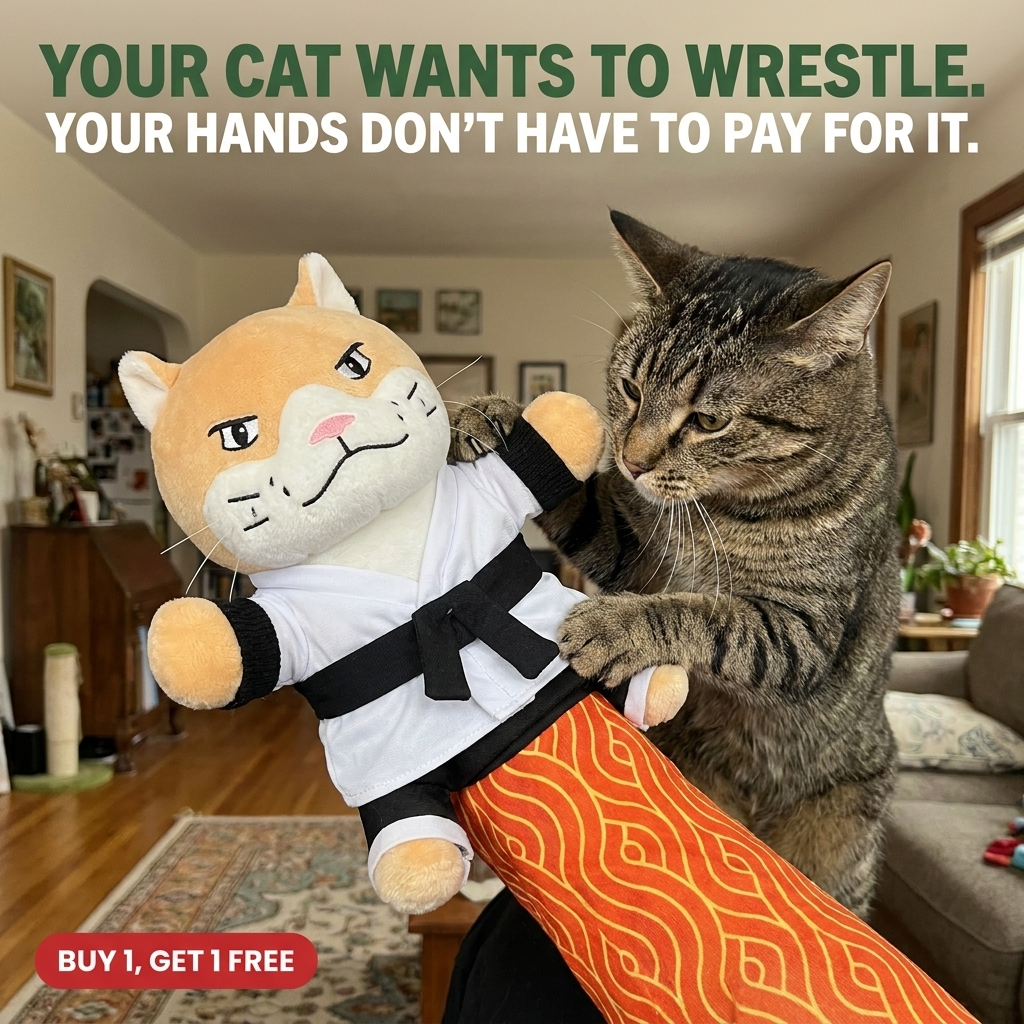 Cat wrestling Karate Kitty while the toy is worn on its owner's arm, buy 1 get 1 free offer.