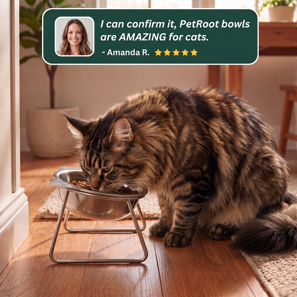 Maine Coon cat eating from the PetRoot bowl with a five-star customer testimonial.