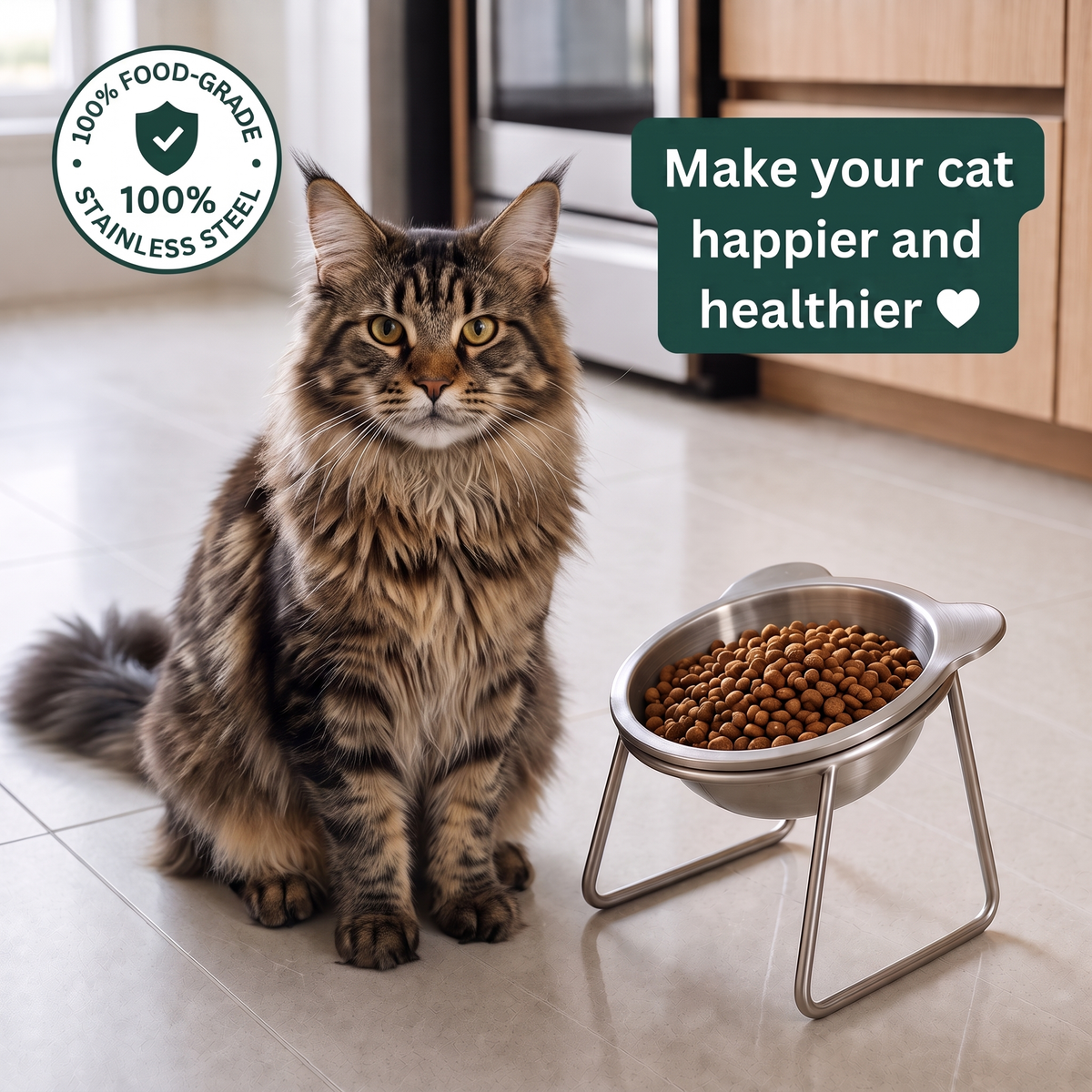 Maine Coon cat sitting beside the PetRoot orthopedic stainless steel cat bowl on its elevated stand.