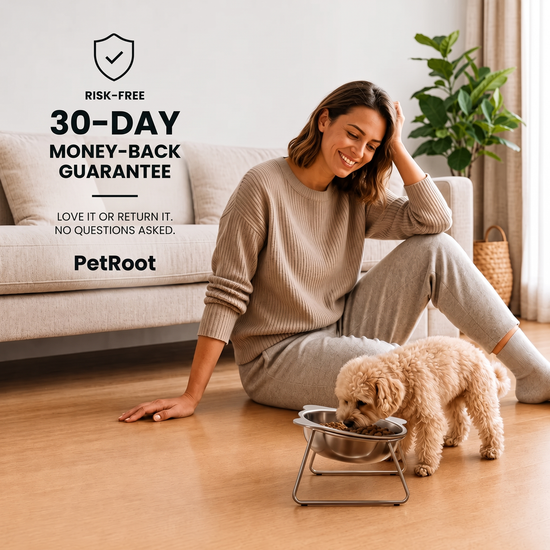 Cavalier King Charles beside the PetRoot™ Orthopedic Bowl in an entryway