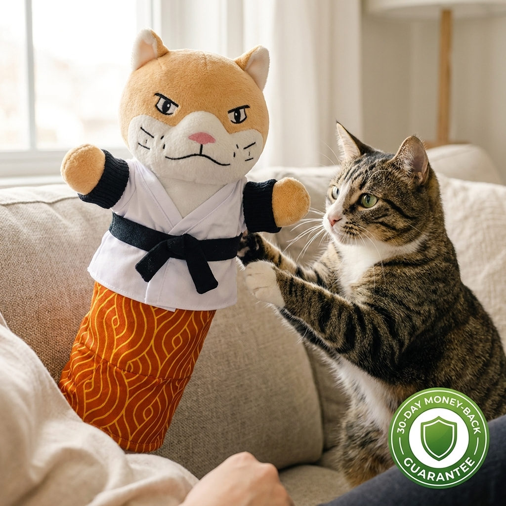 Karate Kitty with relaxed owner and playful cat, 30-day money-back guarantee.