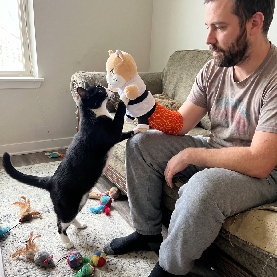 Cat squaring up to play with Karate Kitty in a living room.