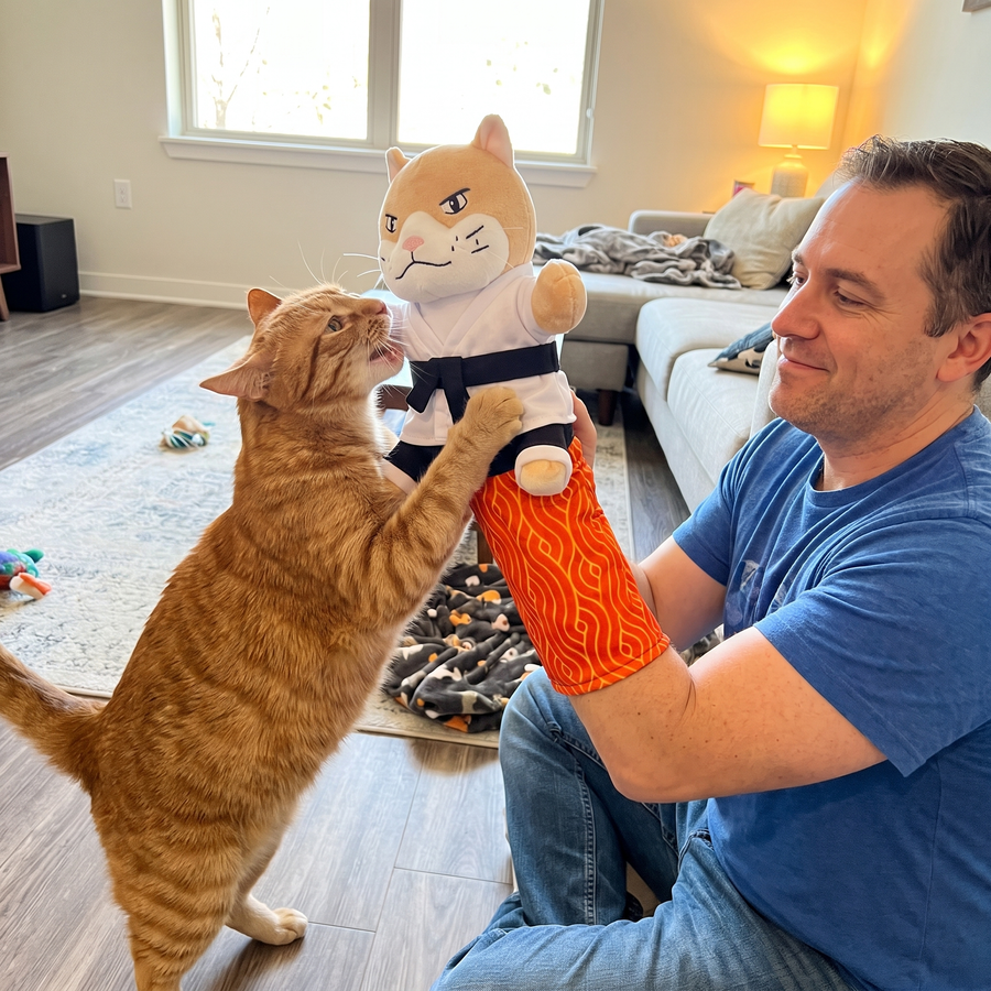 Large playful cat wrestling Karate Kitty with owner supervising.