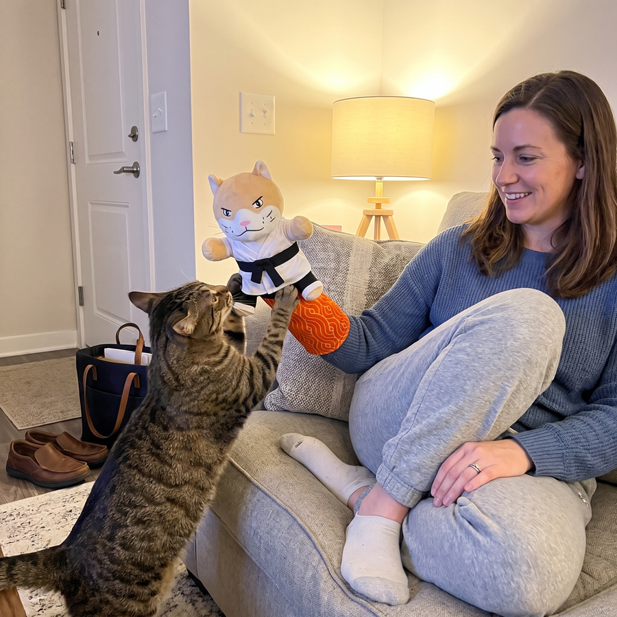 Owner playing with cat and Karate Kitty after work as a daily routine.