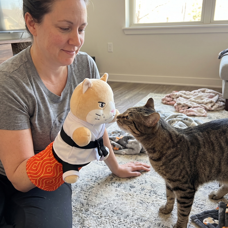 Cautious cat slowly approaching Karate Kitty for the first time.