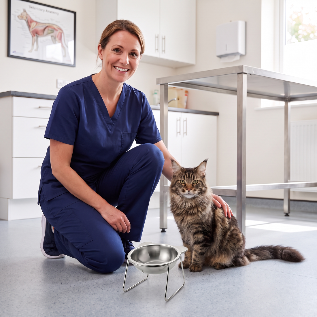 Veterinarian in a clinic beside a Maine Coon cat with the PetRoot stainless steel bowl on its stand.